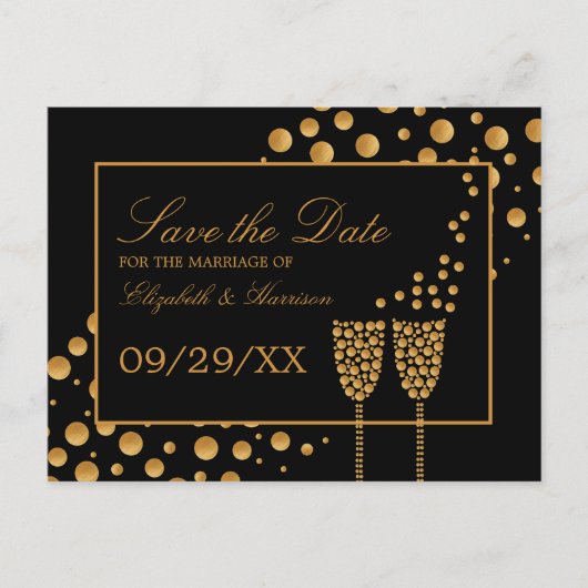Gold Champagne Bubbles, zwart & goud sparen de dat Aankondigingskaart (Voorkant)