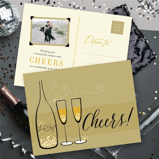 Gold Champagne Cheers Bubble Stylish Chic Nieuwjaa Feestdagenkaart