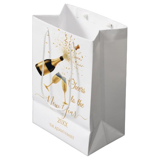  Gold Champagne Cheers New Year Medium Cadeauzakje (Voorkant Gekanteld)