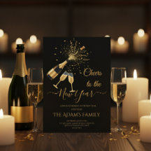  Gold Champagne Cheers New Year Party Invitation