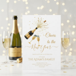 Gold Champagne Cheers New Year Party Invitation Feestdagenkaart