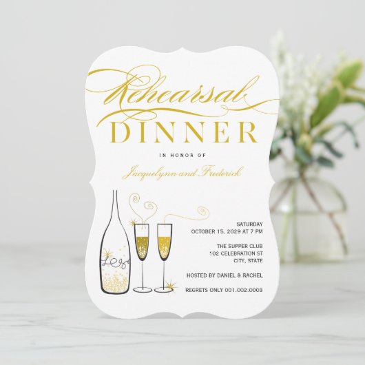 Gold Champagne Chic Wedding Rehearsal Dinner Party Kaart (Staand voorkant)