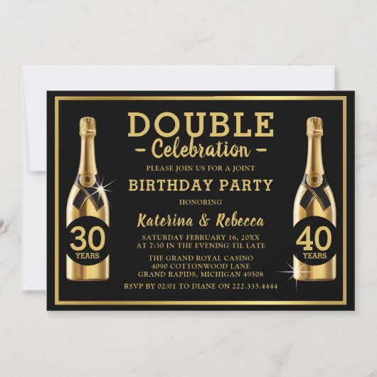 Gold Champagne Elegant Double Birthday Party Kaart (Voorkant)