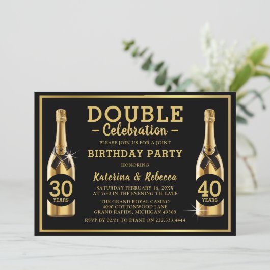 Gold Champagne Elegant Double Birthday Party Kaart (Staand voorkant)