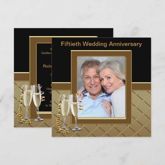 Gold Champagne Foto 50th Jubileum Party Kaart (Voorkant / Achterkant)