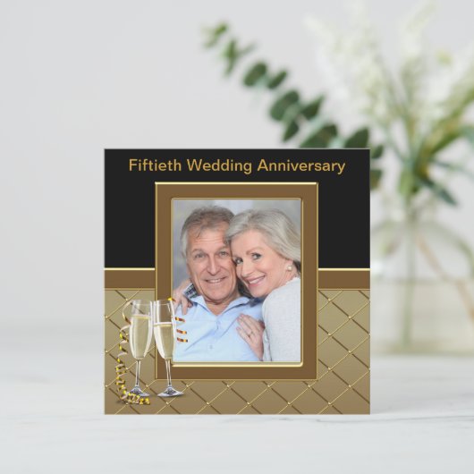 Gold Champagne Foto 50th Jubileum Party Kaart (Staand voorkant)