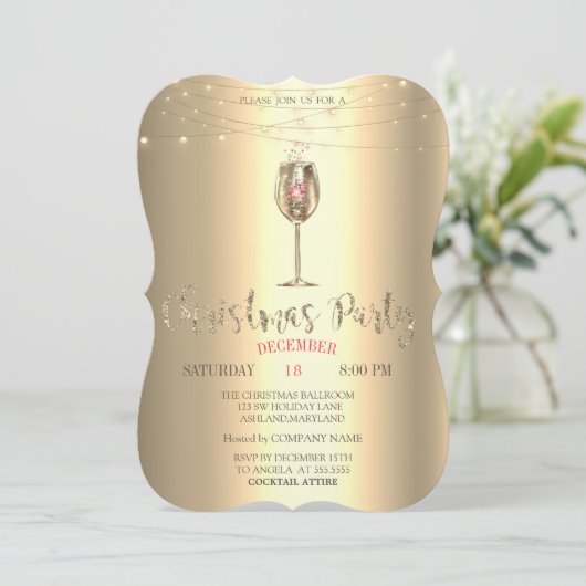 Gold Champagne Glass,Lights kerstbedrijf Kaart (Staand voorkant)