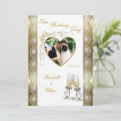 Gold Champagne Glass Wedding Photo Invitting Kaart (Staand voorkant)