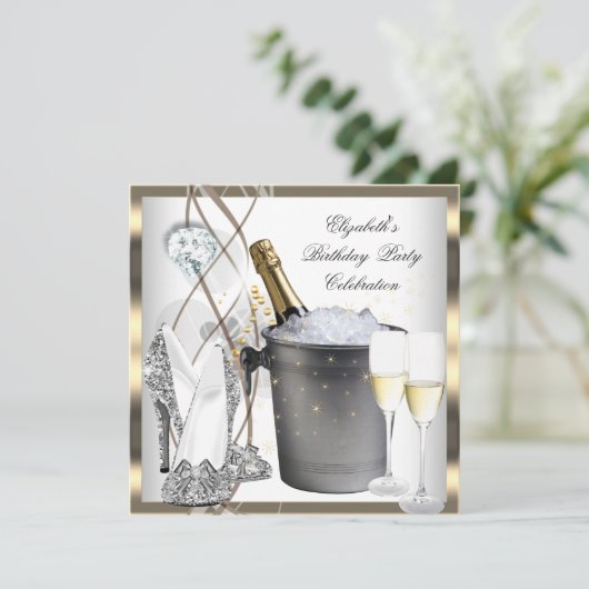 Gold Champagne High Heels Elegant Silver Birthday Kaart (Staand voorkant)