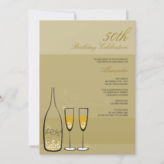 Gold Champagne Milestone Birthday Party Invitation Kaart (Voorkant)