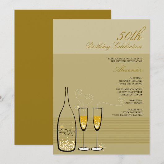 Gold Champagne Milestone Birthday Party Invitation Kaart (Voorkant / Achterkant)