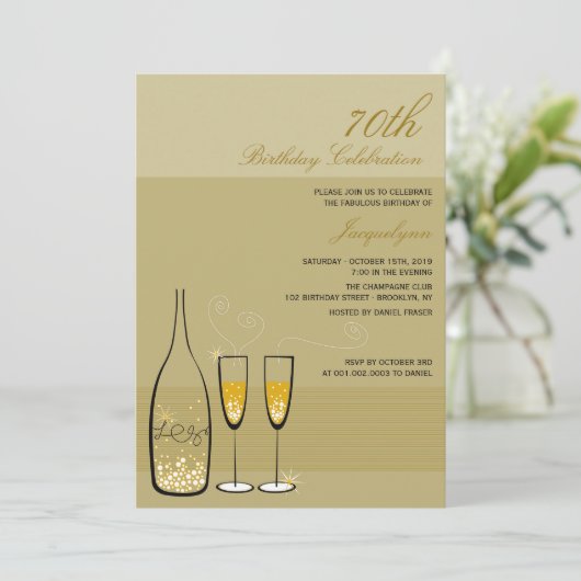 Gold Champagne Milestone Birthday Party Invite Kaart (Staand voorkant)