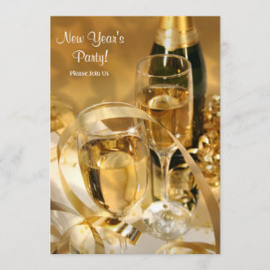 Gold Champagne New Years Party Invite Kaart