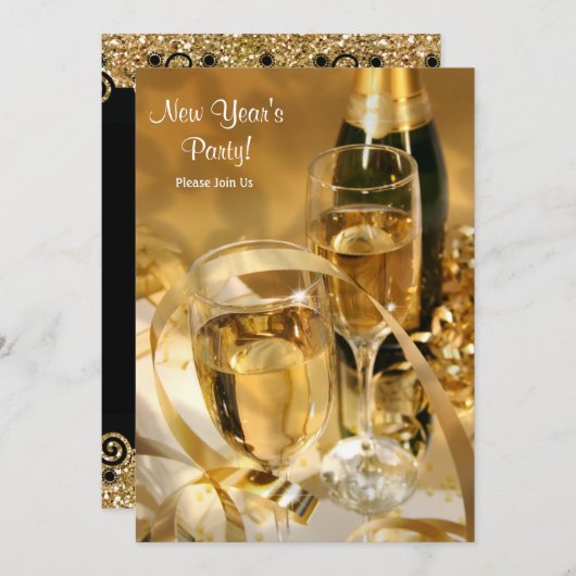 Gold Champagne Nieuwjaarsfeest Uitgenodigd Kaart (Voorkant / Achterkant)
