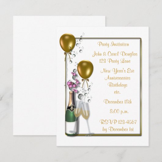 Gold Champagne Party Invitation Kaart (Voorkant / Achterkant)