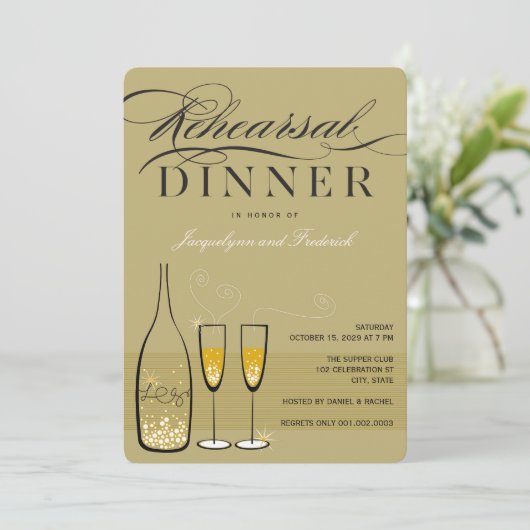 Gold Champagne Rehearsal Dinner Party Invite Kaart (Staand voorkant)