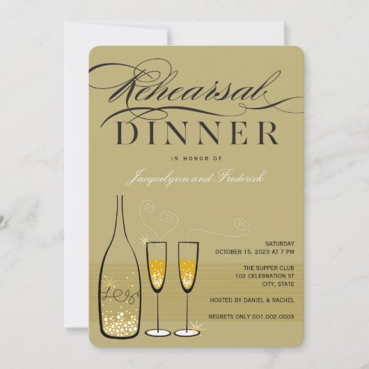 Gold Champagne Rehearsal Dinner Party Invite Kaart (Voorkant)