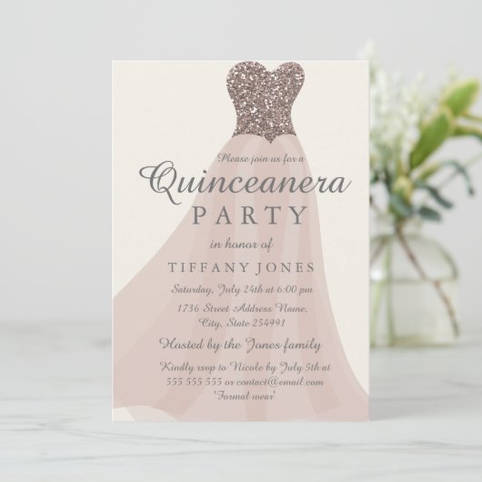 Gold Champagne Shimmer Glitter Gown Quinceanera Kaart (Staand voorkant)