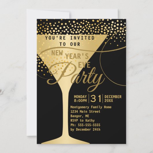 Gold Champagne Sparkles Black New Years Eve Party Kaart (Voorkant)