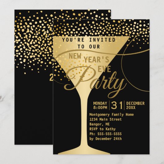 Gold Champagne Sparkles Black New Years Eve Party Kaart (Voorkant / Achterkant)