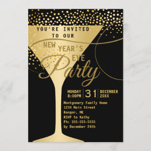 Gold Champagne Sparkles Black New Years Eve Party Kaart