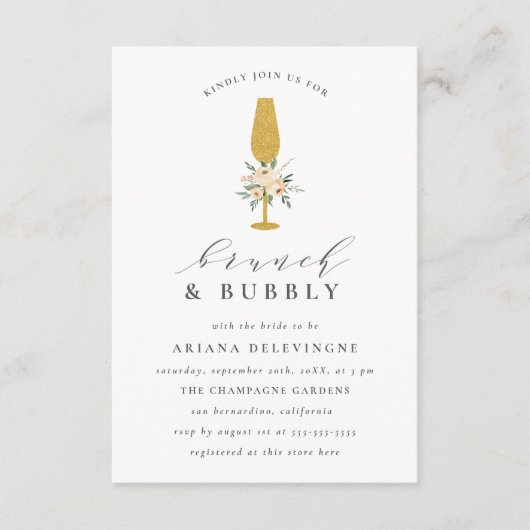 Gold Champagne Waterverf Floral Brunch & Bubble Aankondiging (Voorkant)