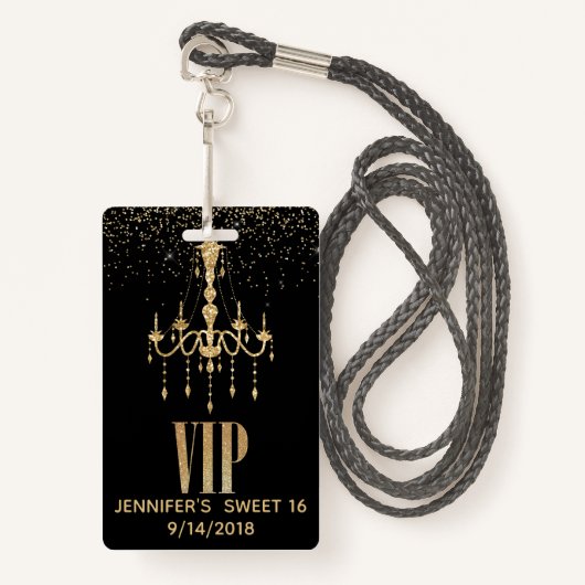 Gold Chandelier Sweet 16 Party VIP Badge (Voorkant met draagriem)