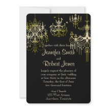 Gold Chandeliers op Black Posh Wedding Invitation