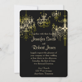 Gold Chandeliers op Black Posh Wedding Invitation Kaart