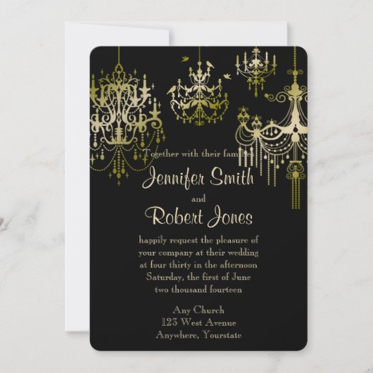 Gold Chandeliers op Black Posh Wedding Invitation Kaart (Voorkant)