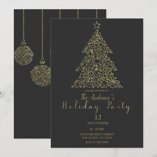 Gold Charcoal Ornamenten Elegant Tree Holidparty Kaart (Voorkant / Achterkant)