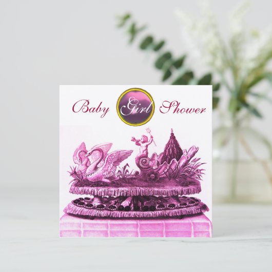 GOLD CHARIOT VAN ZWANEN/CUPCAKES GIRL BABY SHOWER KAART (Staand voorkant)