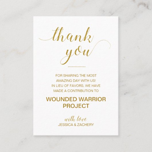 Gold Charity Donate Dank je bruiloft Plaatskaartje (Voorkant)