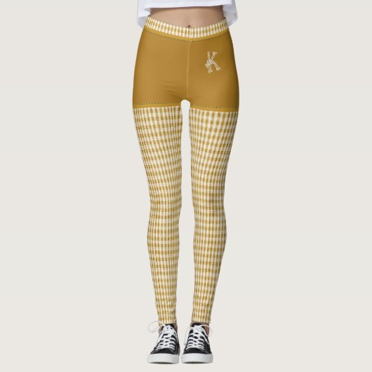 Gold Checkered Fabric Print Monogram op maat Leggings (Voorkant)