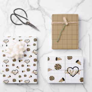 Gold Cheer Hearts, Pom Poms, Megaphone Pattern Inpakpapier Vel