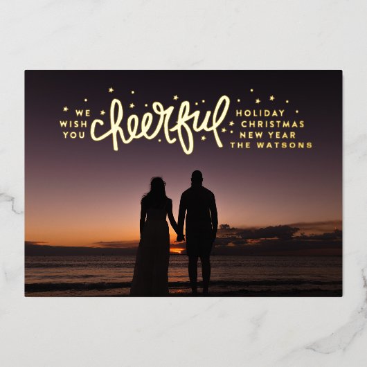 Gold Cheerful Stars PHOTO-kerstgroet Folie Feestdagenkaart (Voorkant)