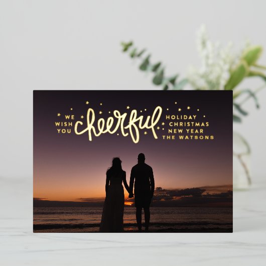 Gold Cheerful Stars PHOTO-kerstgroet Folie Feestdagenkaart (Staand Voorkant)