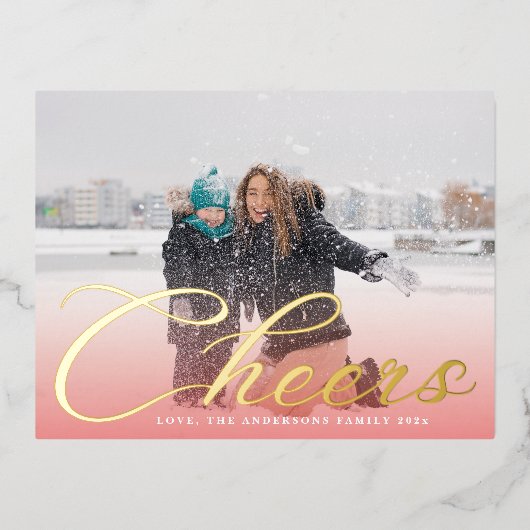 Gold CHEERS Classic Lettering Red Gradient Foto Folie Feestdagen Briefkaart (Voorkant)