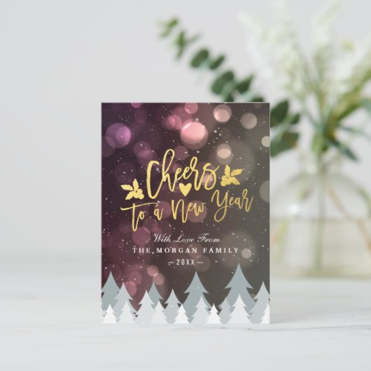 Gold Cheers naar New Year Script Bokeh Sparkle Lig Feestdagenkaart (Staand voorkant)