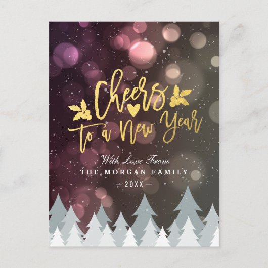 Gold Cheers naar New Year Script Bokeh Sparkle Lig Feestdagenkaart (Voorkant)