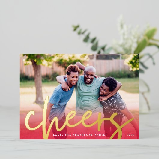 GOLD CHEERS | Rode gradiënt Merry-kerstfoto Folie Feestdagenkaart (Staand Voorkant)