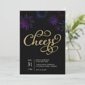 Gold Cheers Script en Blue Paars Fireworks Kaart (Staand voorkant)