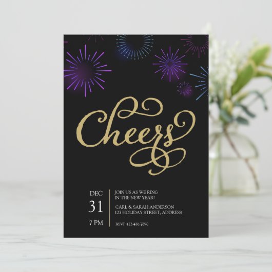 Gold Cheers Script en Blue Paars Fireworks Kaart (Staand voorkant)