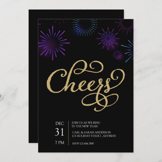Gold Cheers Script en Blue Paars Fireworks Kaart (Voorkant / Achterkant)