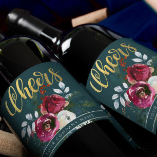 Gold Cheers Winter Rozen Kerst Corporate Gift Wijn Etiket