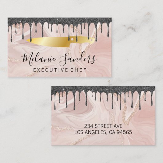 Gold Chef Knife | Roze marmer en ijsvorming Visitekaartje (Voorkant / Achterkant)