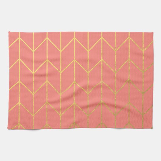 Gold Chevron Coral Pink Background Modern Theedoek (Horizontaal)