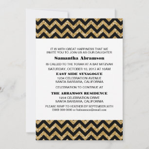 Gold Chevron Glitter Bat Mitzvah Invite Kaart
