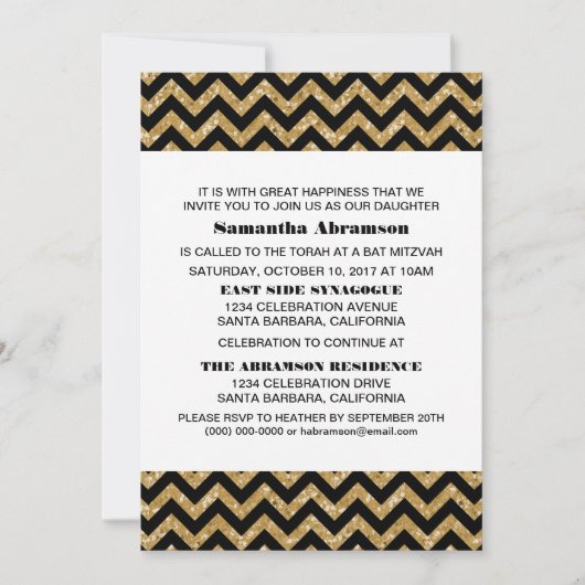 Gold Chevron Glitter Bat Mitzvah Invite Kaart (Voorkant)