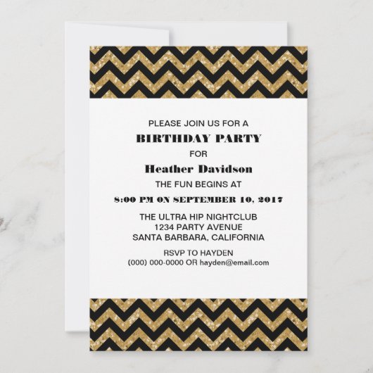 Gold Chevron Glitter Birthday Party Invite Kaart (Voorkant)